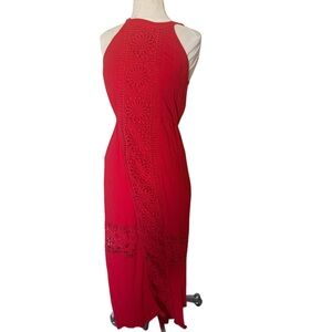 Bright Red Maxi Dress with cotton crochet Lace Detail long halter boho sz small